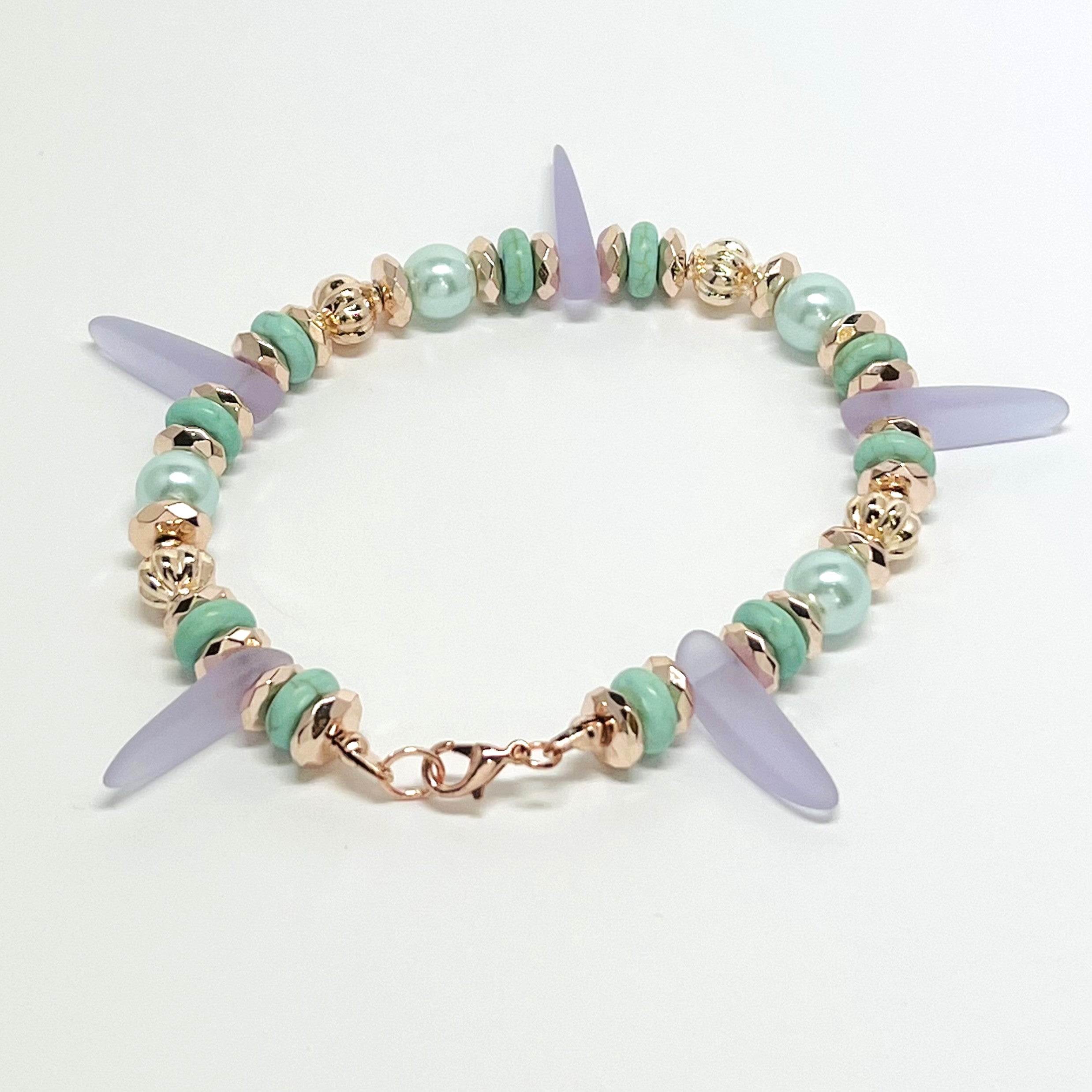 Delightful lilac sea glass look with minty glass pearls and rose gold accents