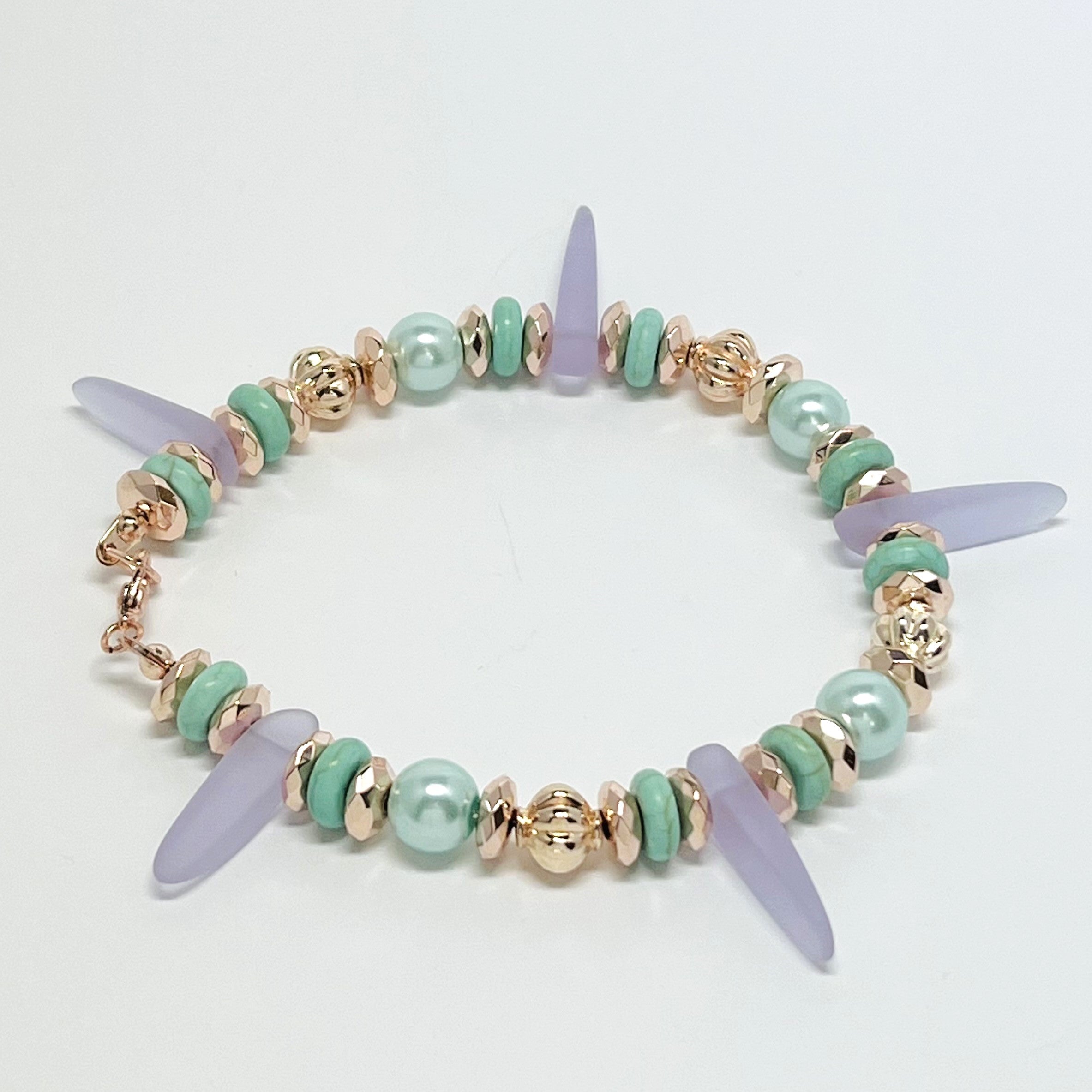 Delightful lilac sea glass look with minty glass pearls and rose gold accents