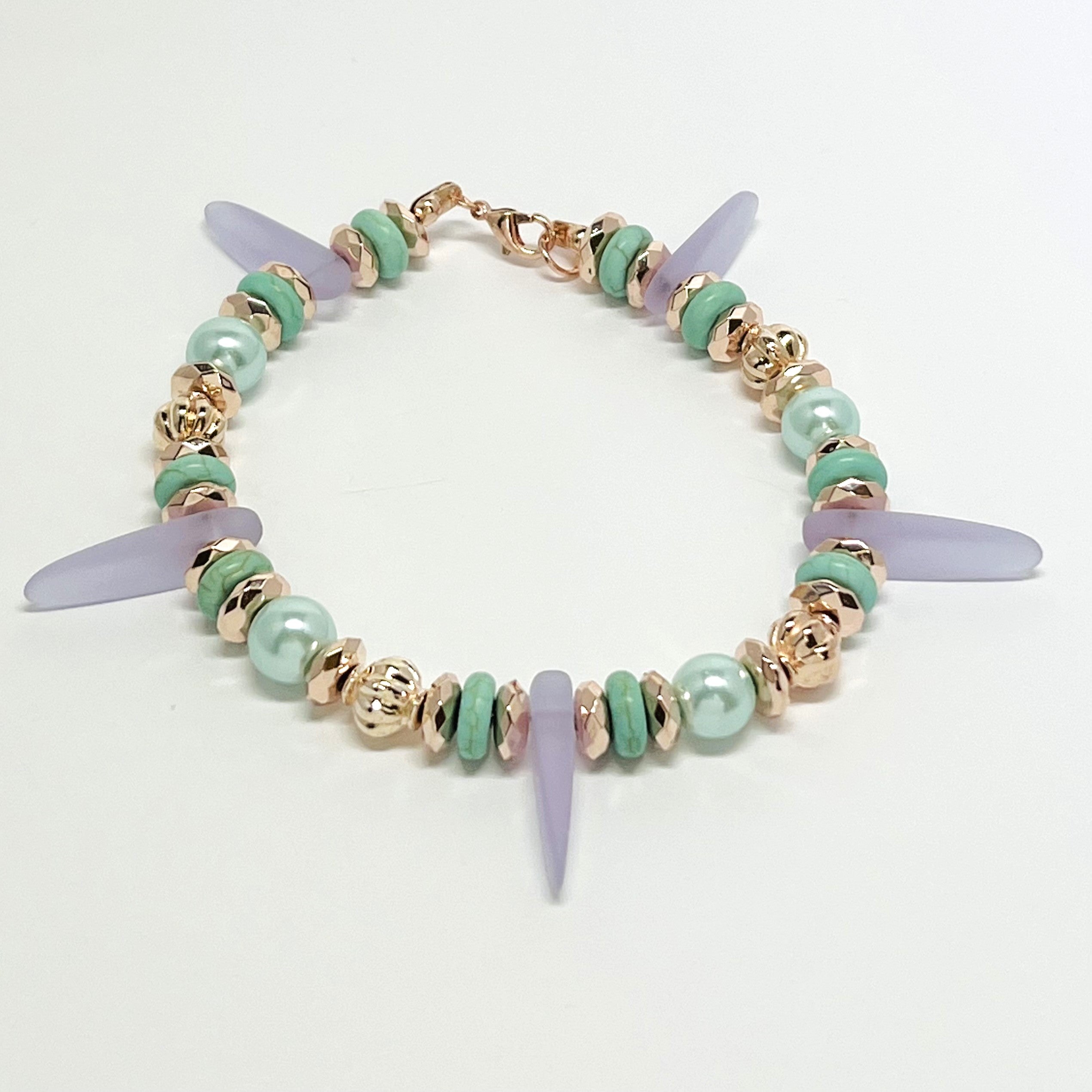 Delightful lilac sea glass look with minty glass pearls and rose gold accents