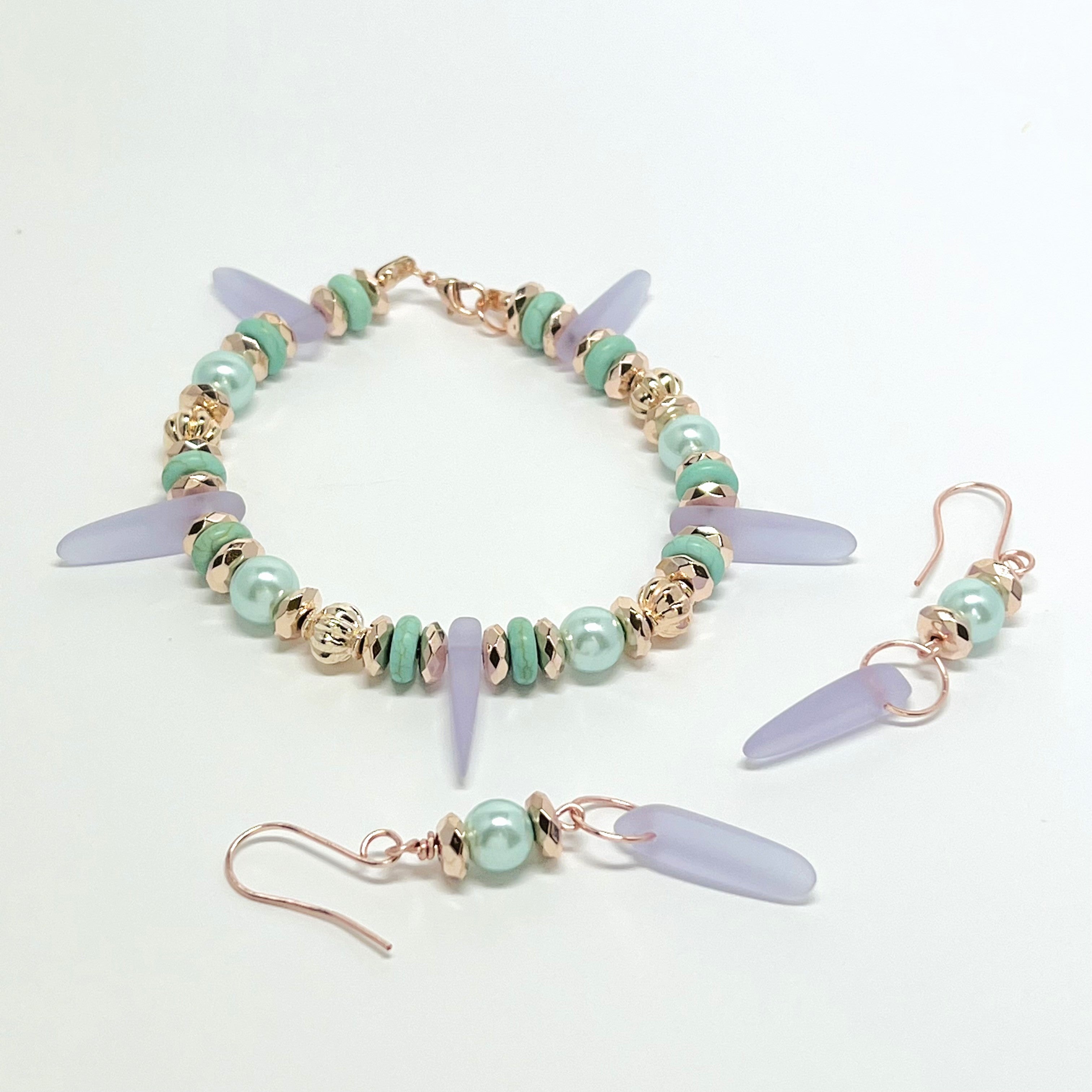 Delightful lilac sea glass look with minty glass pearls and rose gold accents