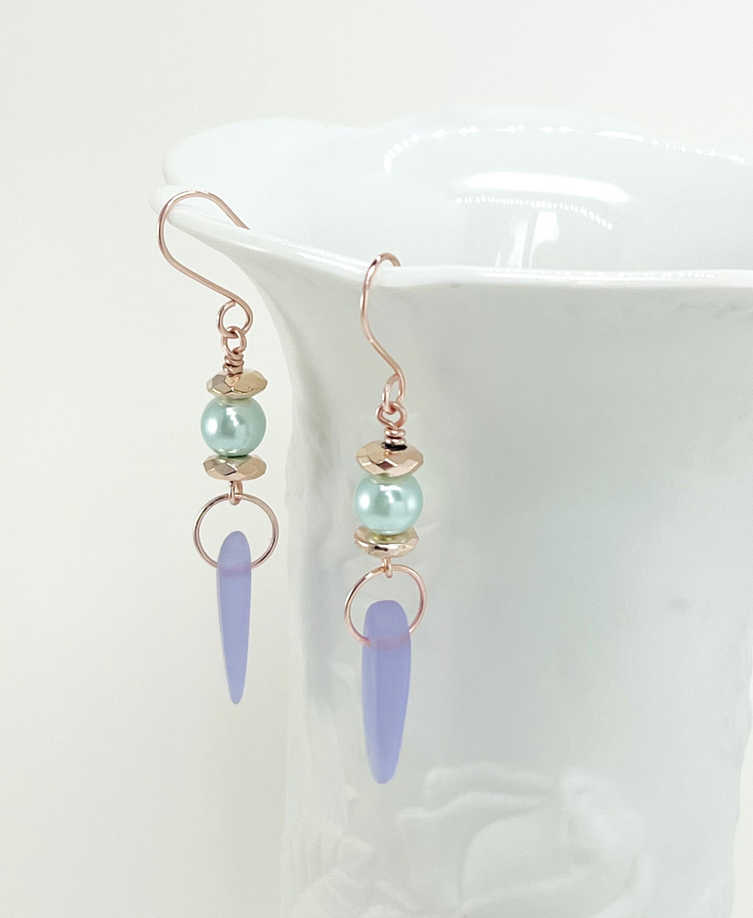 Delightful lilac sea glass look with minty glass pearls and rose gold accents