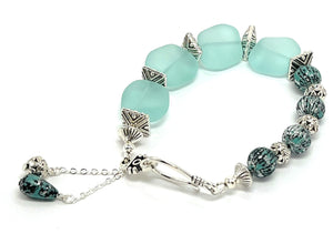 Ocean blue sea glass beads with blue and silver accents bracelet and earring set