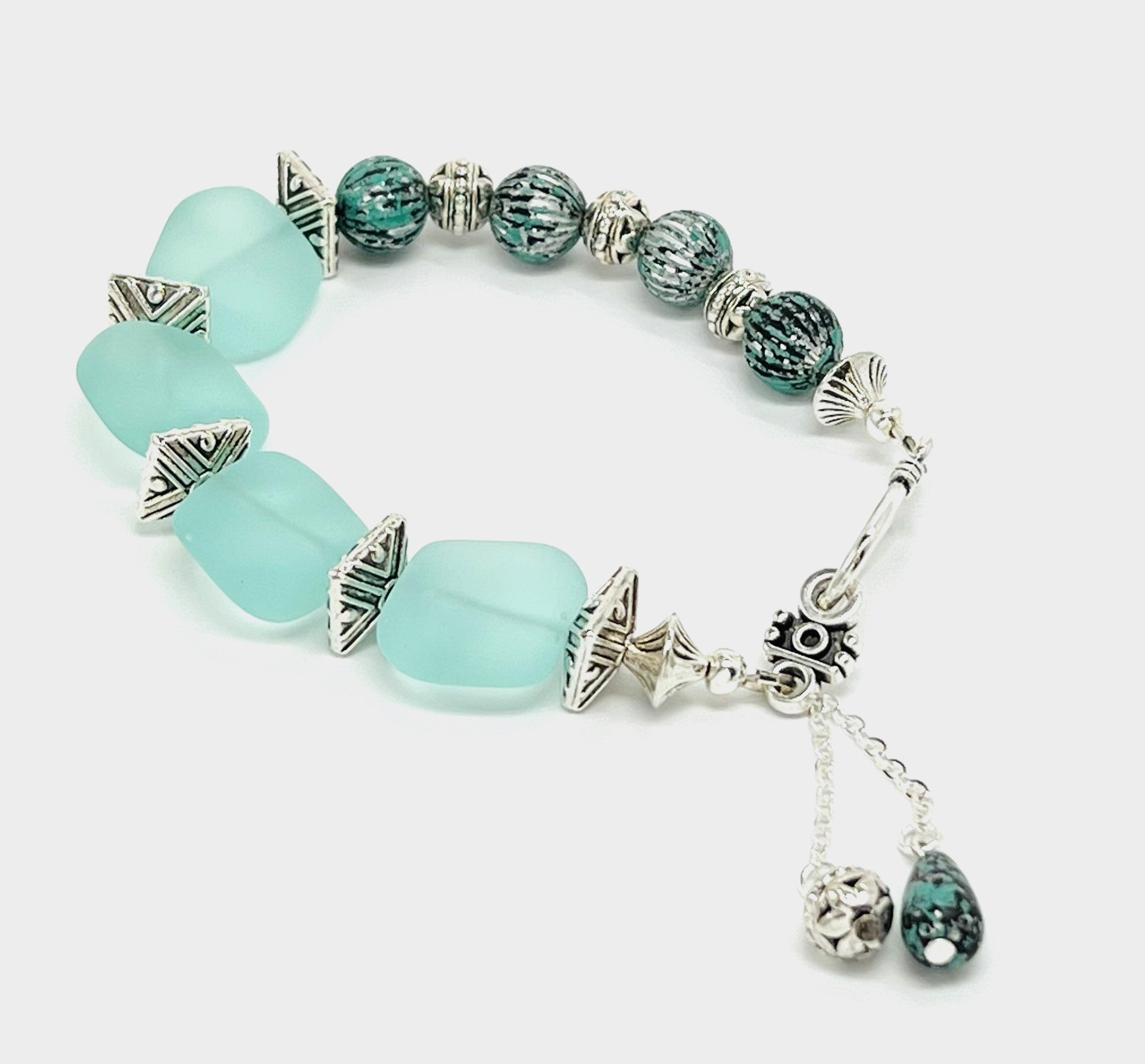 Ocean blue sea glass beads with blue and silver accents bracelet and earring set