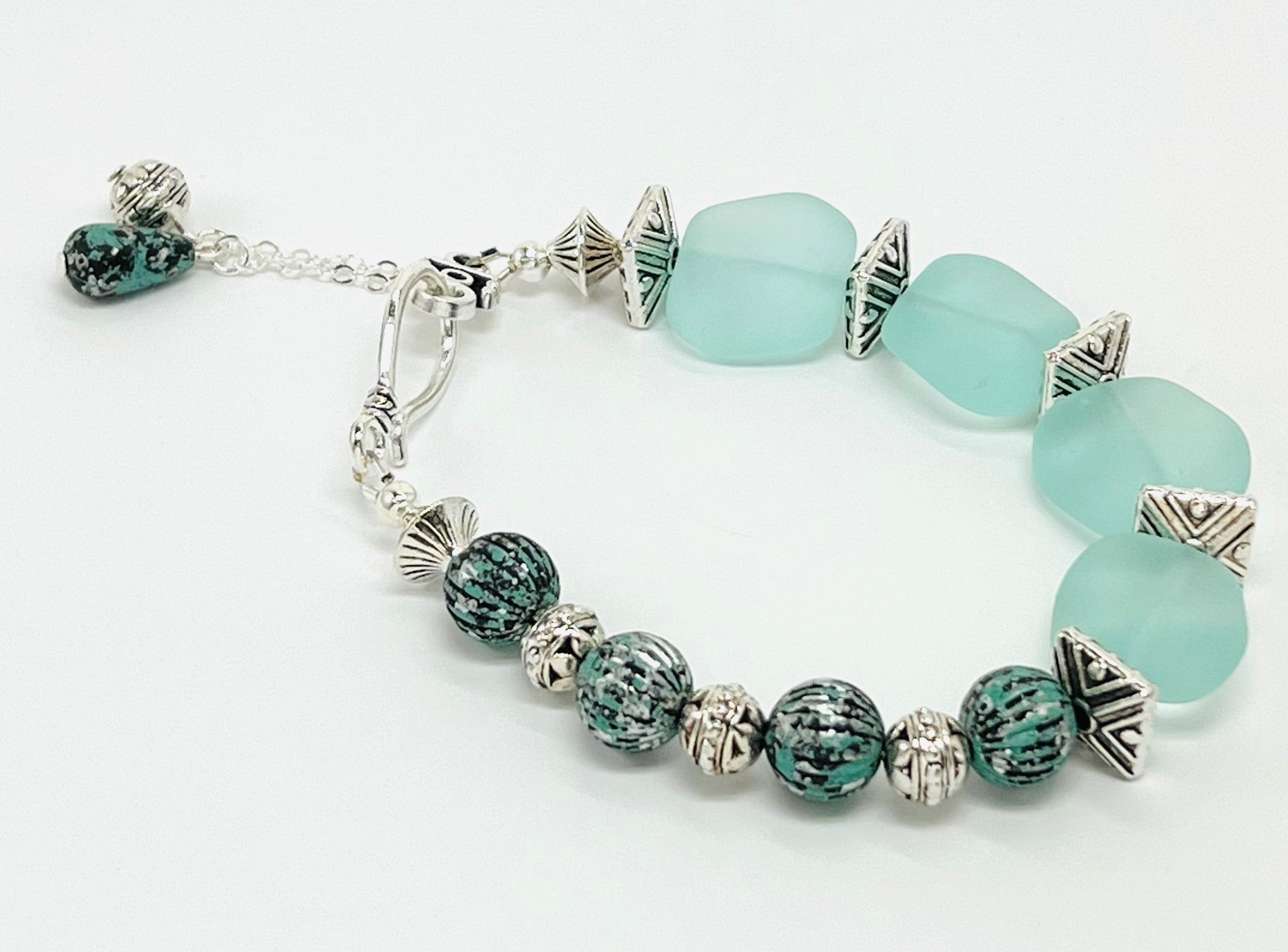 Ocean blue sea glass beads with blue and silver accents bracelet and earring set