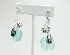 Ocean blue sea glass beads with blue and silver accents bracelet and earring set