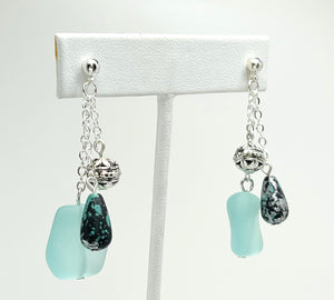 Ocean blue sea glass beads with blue and silver accents bracelet and earring set