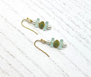 Beachy aqua sea glass look with glass pearls and gold plated accents