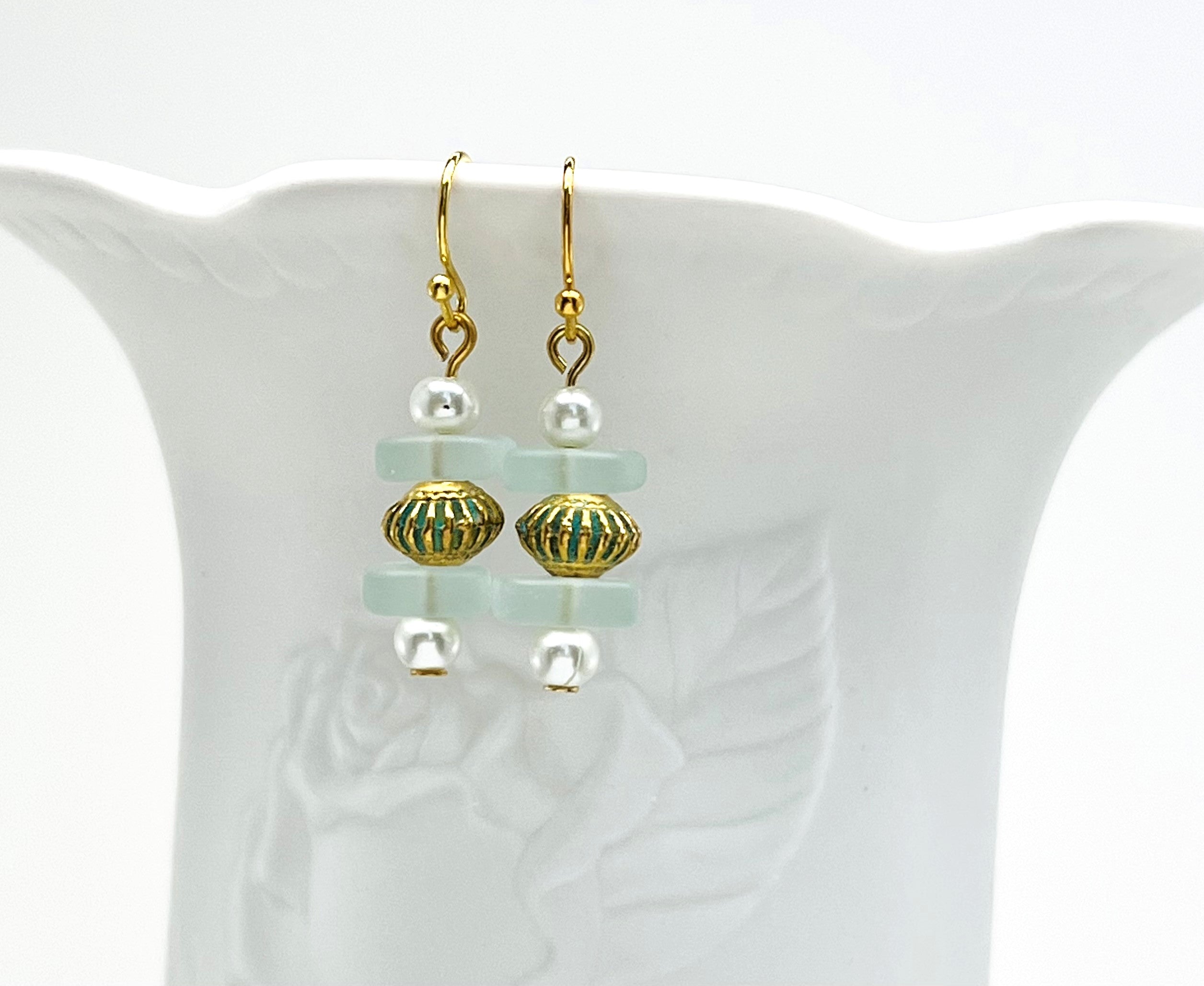 Beachy aqua sea glass look with glass pearls and gold plated accents