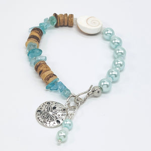 Beachy ocean blue gemstones, shell and coconut beads bracelet and earring set