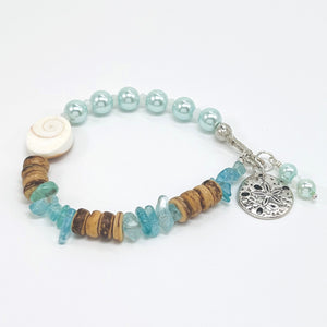 Beachy ocean blue gemstones, shell and coconut beads bracelet and earring set