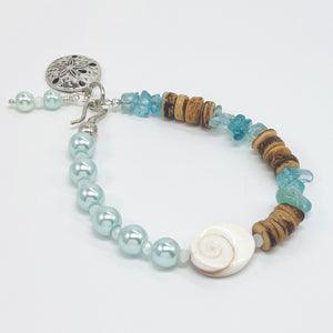 Beachy ocean blue gemstones, shell and coconut beads bracelet and earring set