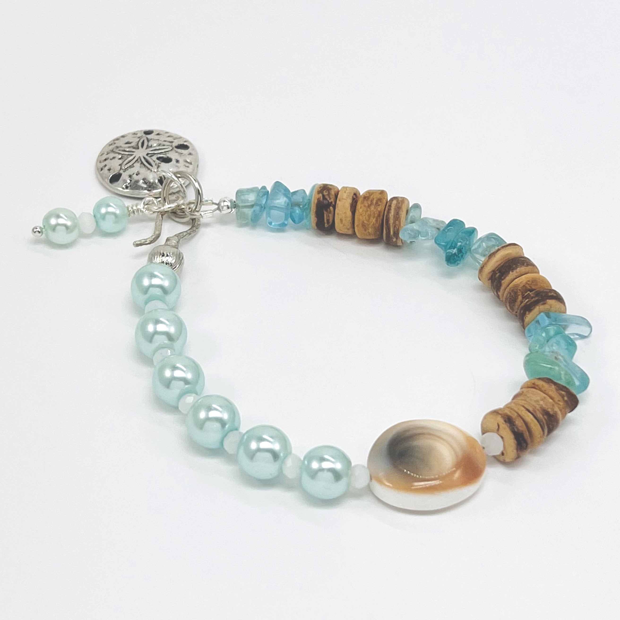 Beachy ocean blue gemstones, shell and coconut beads bracelet and earring set