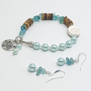 Beachy ocean blue gemstones, shell and coconut beads bracelet and earring set