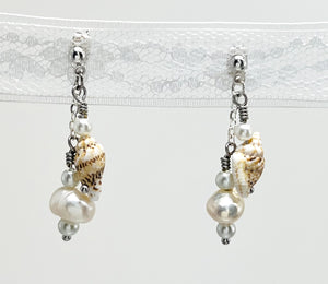 Creamy white fresh water pearls, coin pearls and natural sea shell