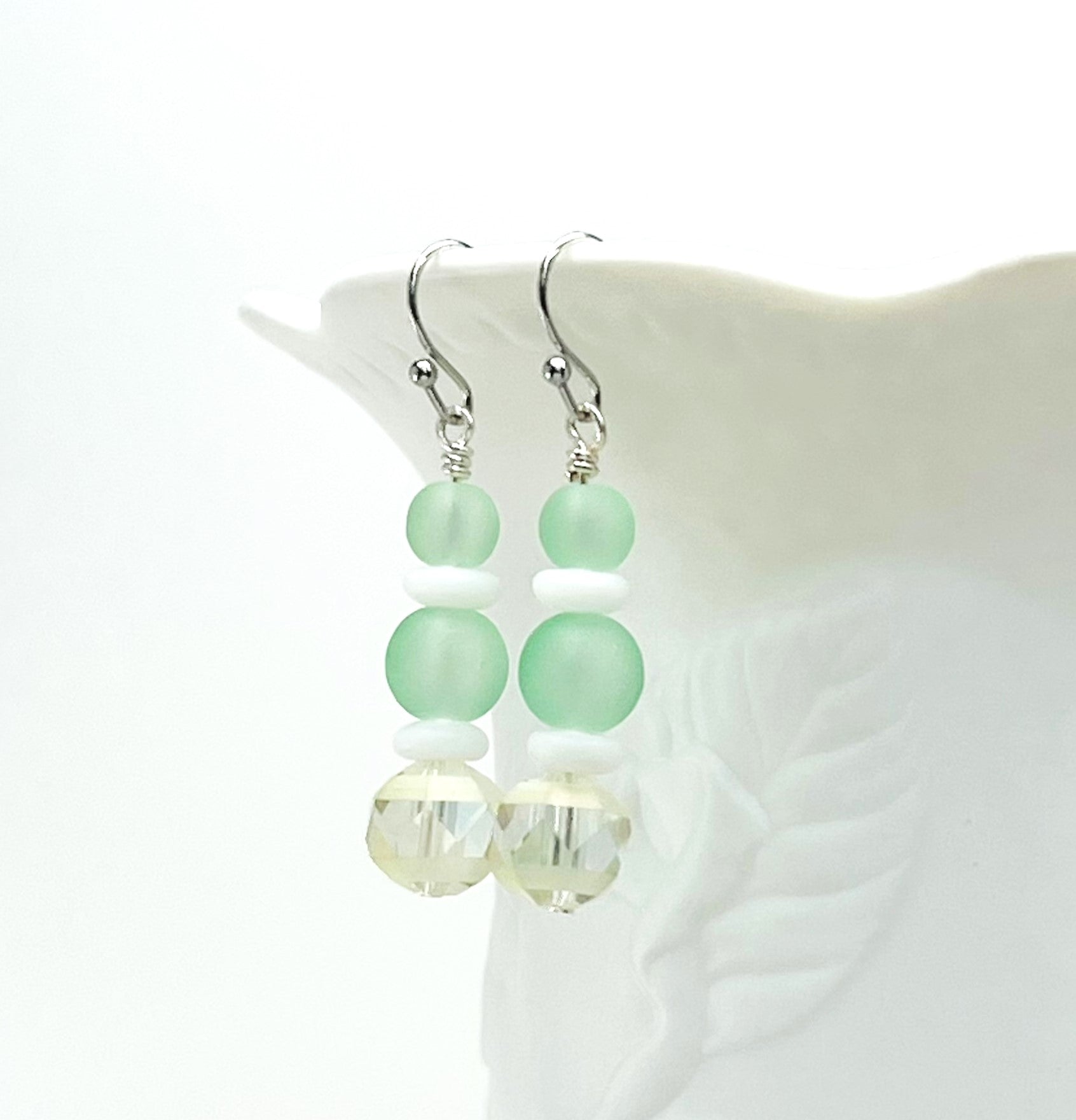 Beachy frosted mint sea glass and spiral shells necklace and earring set with a cute ceramic green turtle dangle