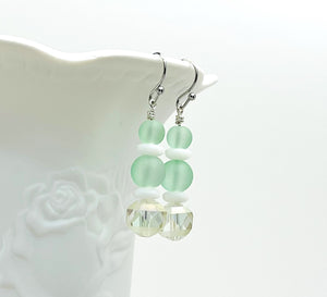 Beachy frosted mint sea glass and spiral shells necklace and earring set with a cute ceramic green turtle dangle