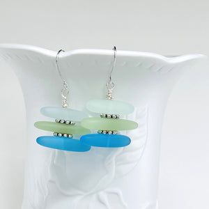 Leather necklace and earring set of frosty sea glass beads in the beautiful blue and green colors of the Caribbean sea