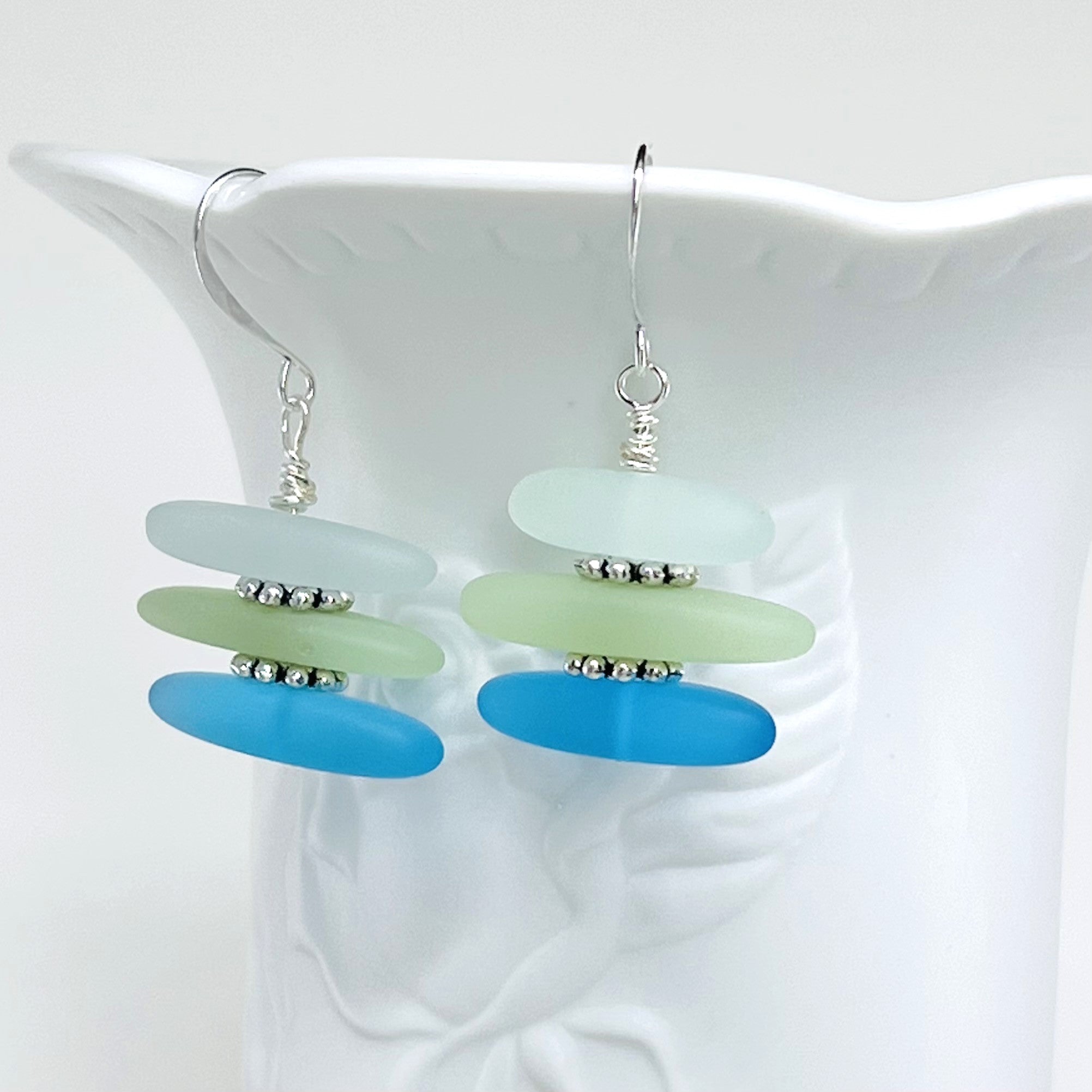 Leather necklace and earring set of frosty sea glass beads in the beautiful blue and green colors of the Caribbean sea