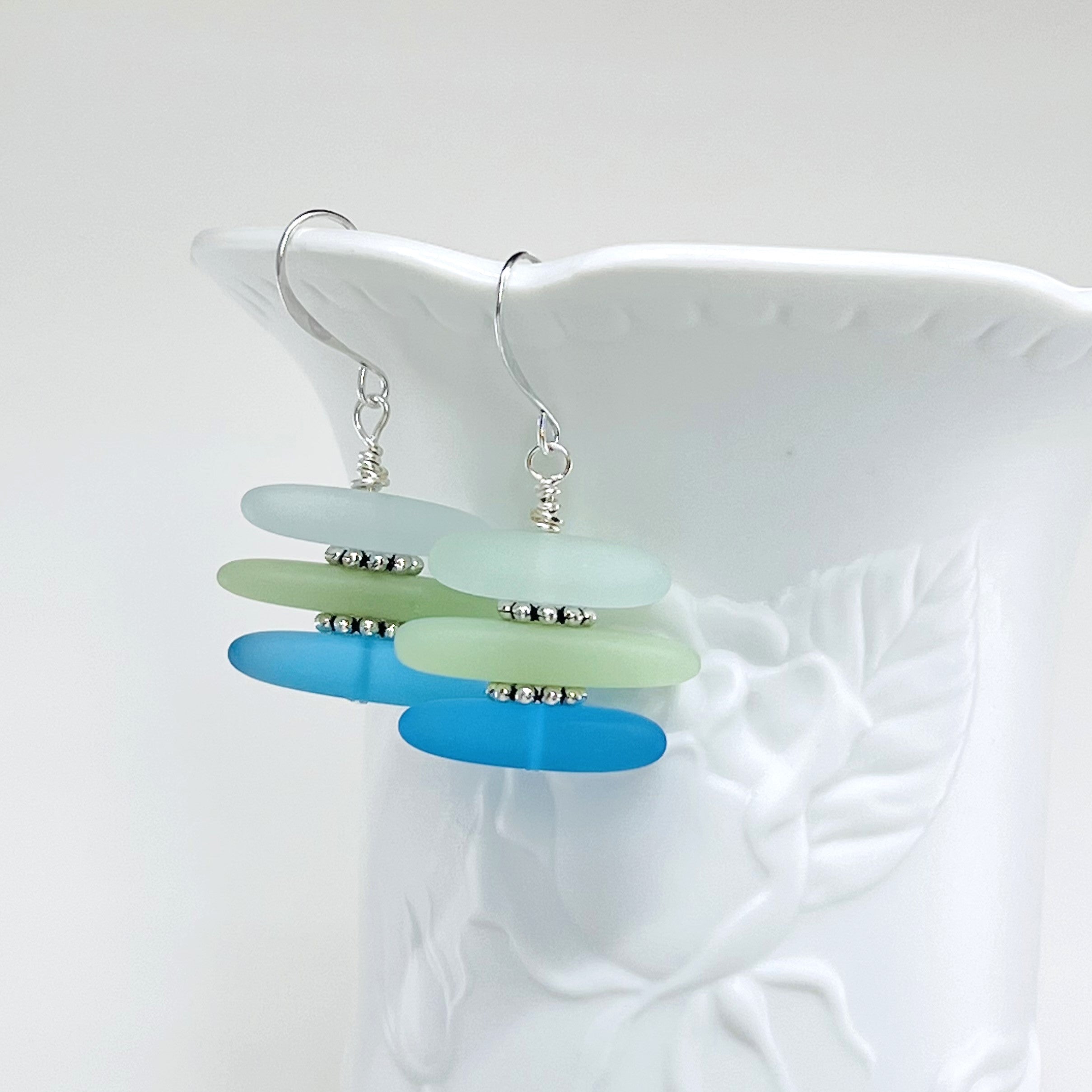 Leather necklace and earring set of frosty sea glass beads in the beautiful blue and green colors of the Caribbean sea