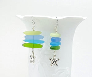 Cool Caribbean sea colors in frosty blue and green sea glass beads hanging on a silver plated snake chain with matching earrings