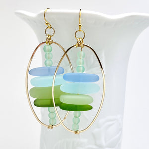 Frosty Caribbean blue green sea glass beaded earrings with gold metal accents