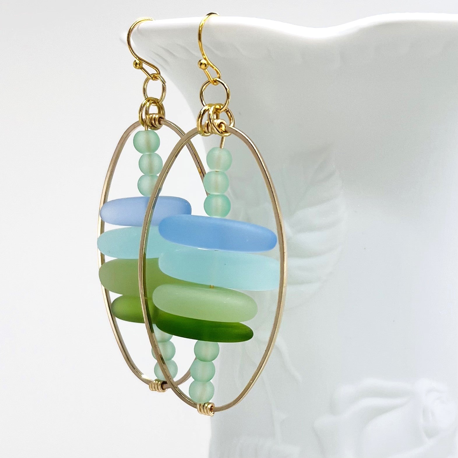 Frosty Caribbean blue green sea glass beaded earrings with gold metal accents