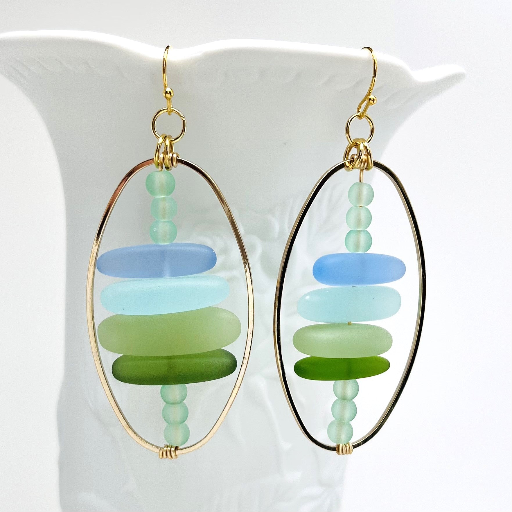 Frosty Caribbean blue green sea glass beaded earrings with gold metal accents