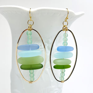 Frosty Caribbean blue green sea glass beaded earrings with gold metal accents