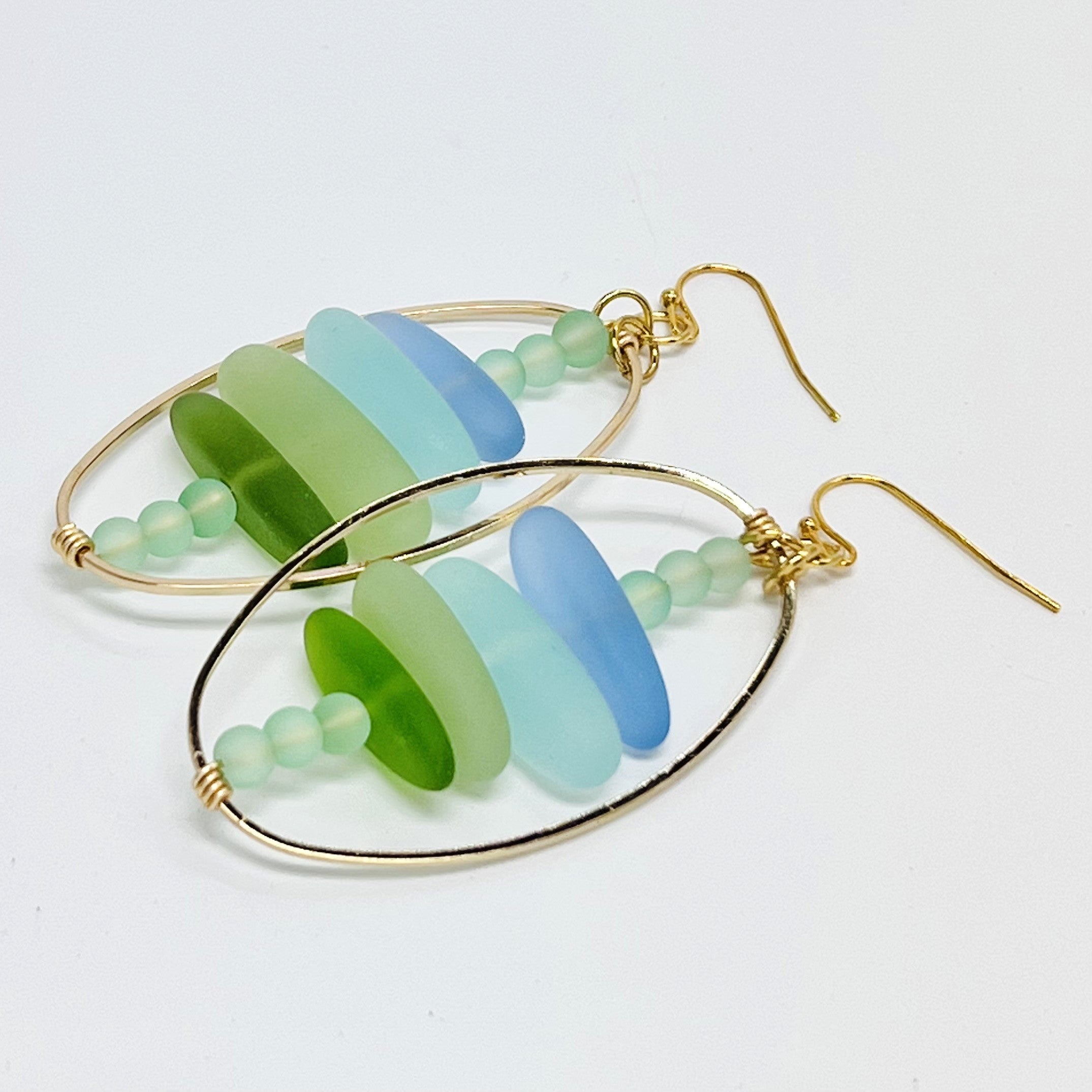 Frosty Caribbean blue green sea glass beaded earrings with gold metal accents