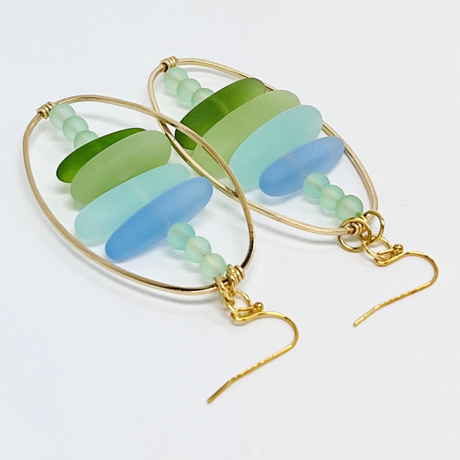 Frosty Caribbean blue green sea glass beaded earrings with gold metal accents