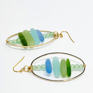 Frosty Caribbean blue green sea glass beaded earrings with gold metal accents