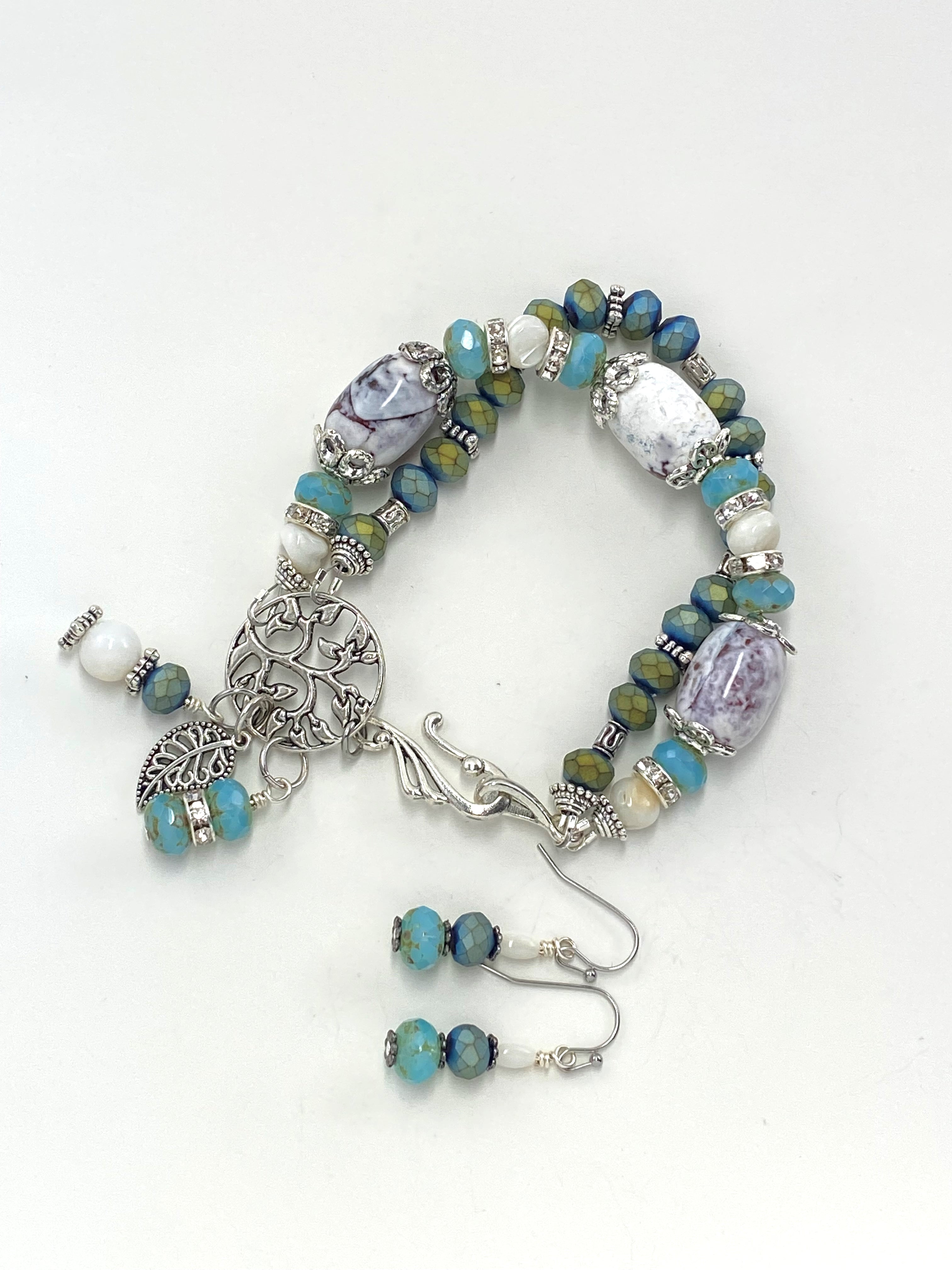 Stone and Czech glass bracelet and earring set