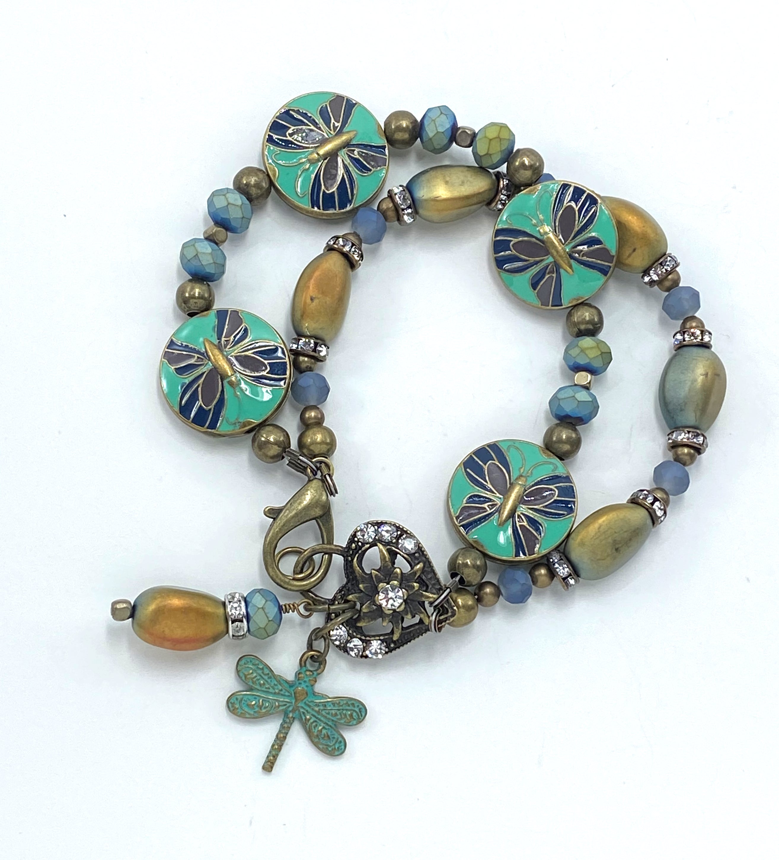 Powerful enameled dragonfly beaded bracelet and earring set