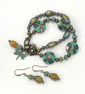 Powerful enameled dragonfly beaded bracelet and earring set