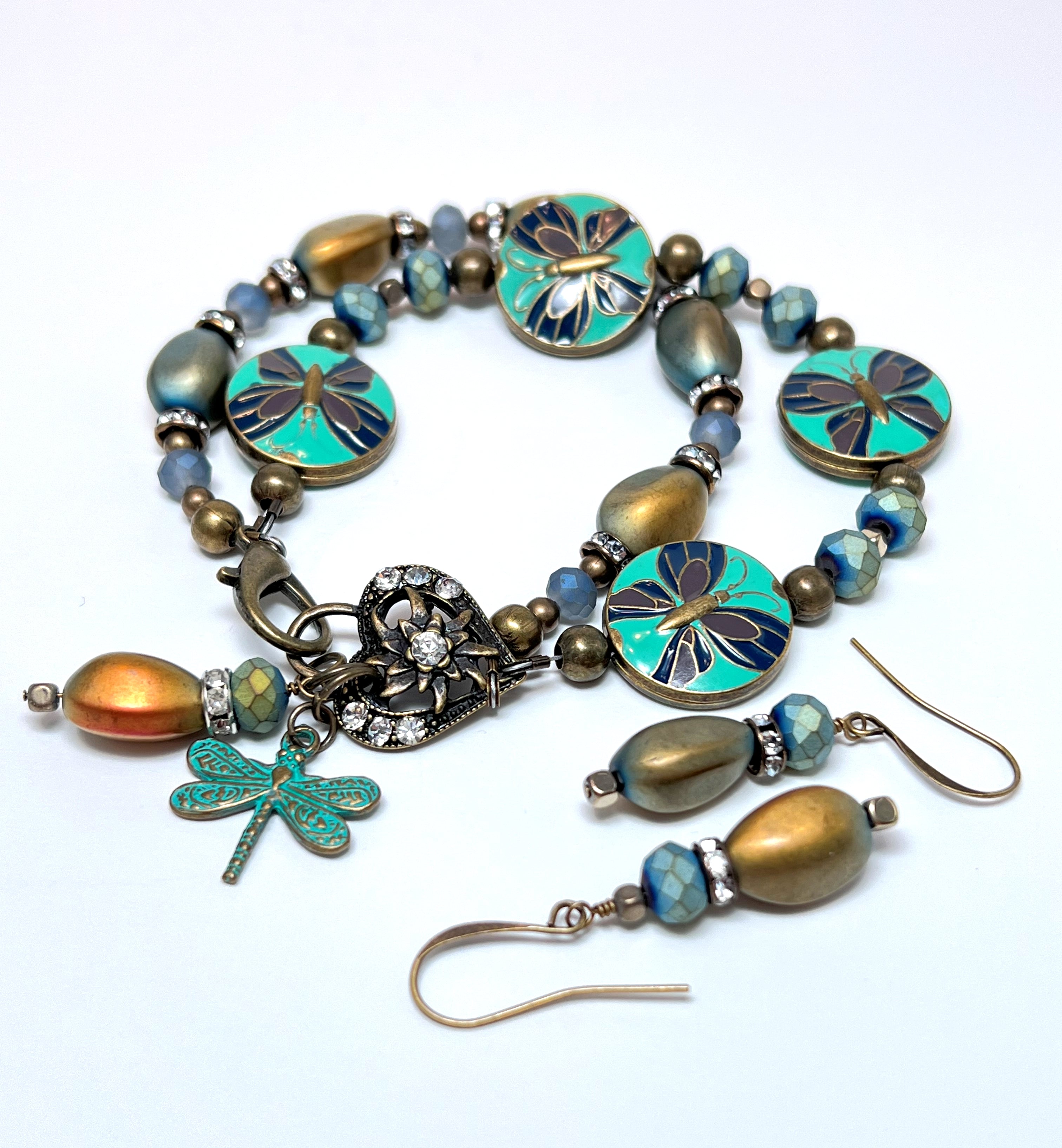 Powerful enameled dragonfly beaded bracelet and earring set