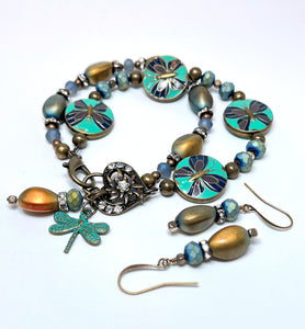 Powerful enameled dragonfly beaded bracelet and earring set