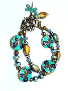 Powerful enameled dragonfly beaded bracelet and earring set