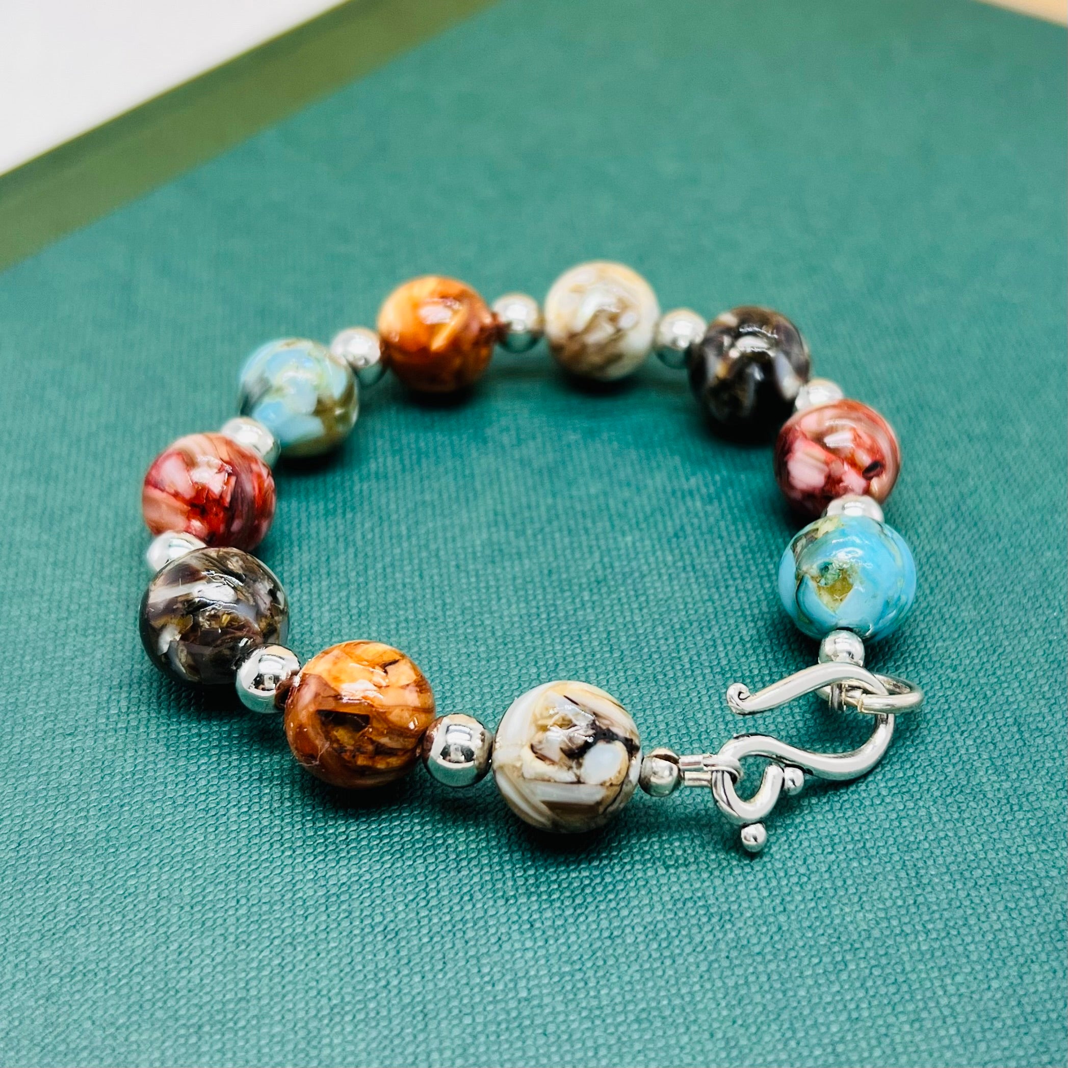 Multicolored agate bracelet with silver accents