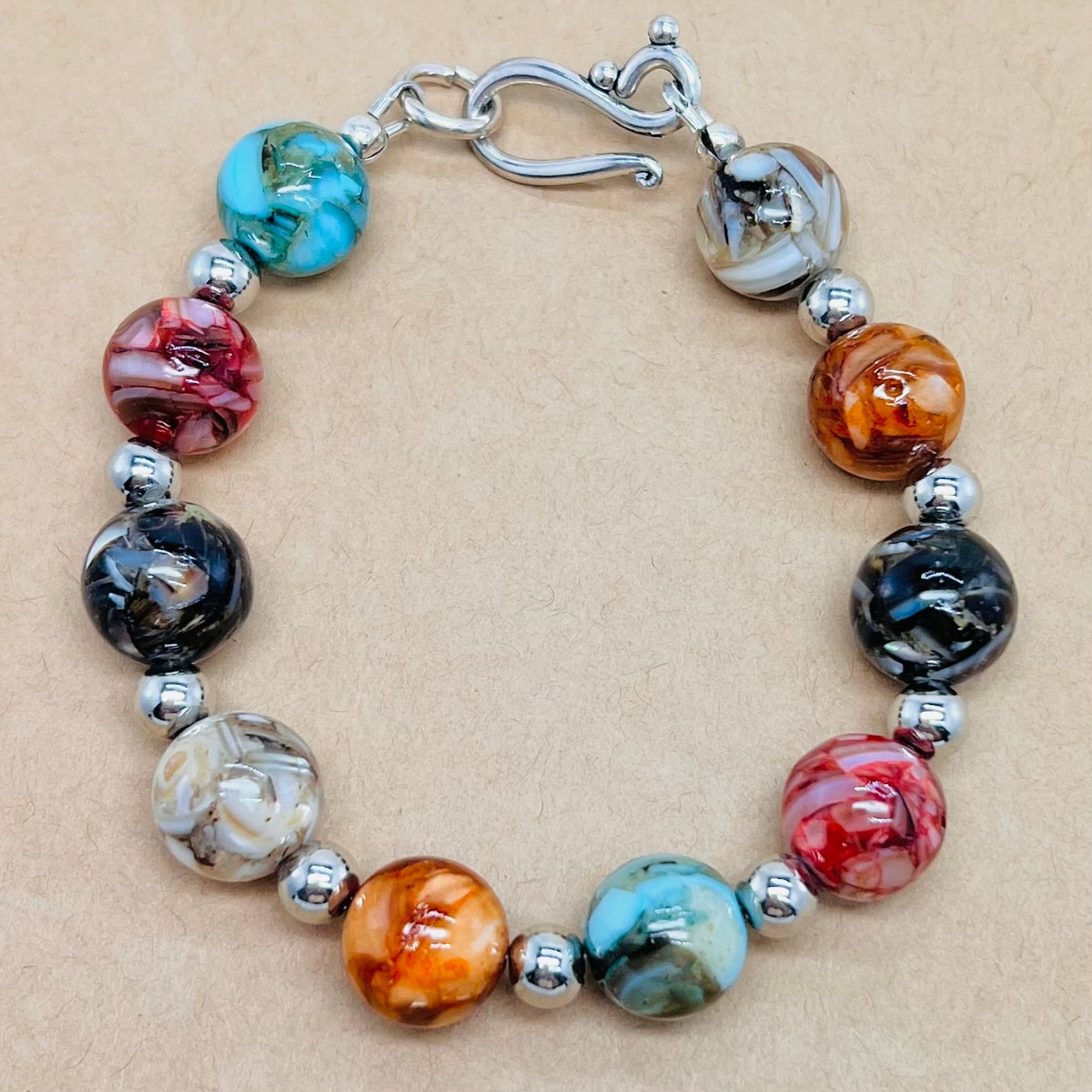 Multicolored agate bracelet with silver accents