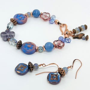 Czech glass bracelet and earring set with blue and peach flower beads, fire agate, copper bird and accents