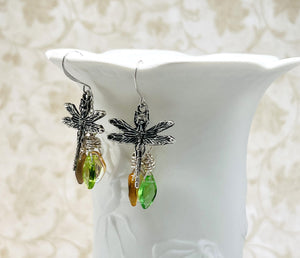 Romantic earrings with dragonfly and Czech glass beads