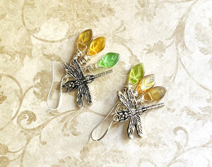 Romantic earrings with dragonfly and Czech glass beads