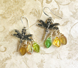 Romantic earrings with dragonfly and Czech glass beads