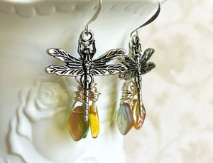 Romantic earrings with dragonfly and Czech glass beads