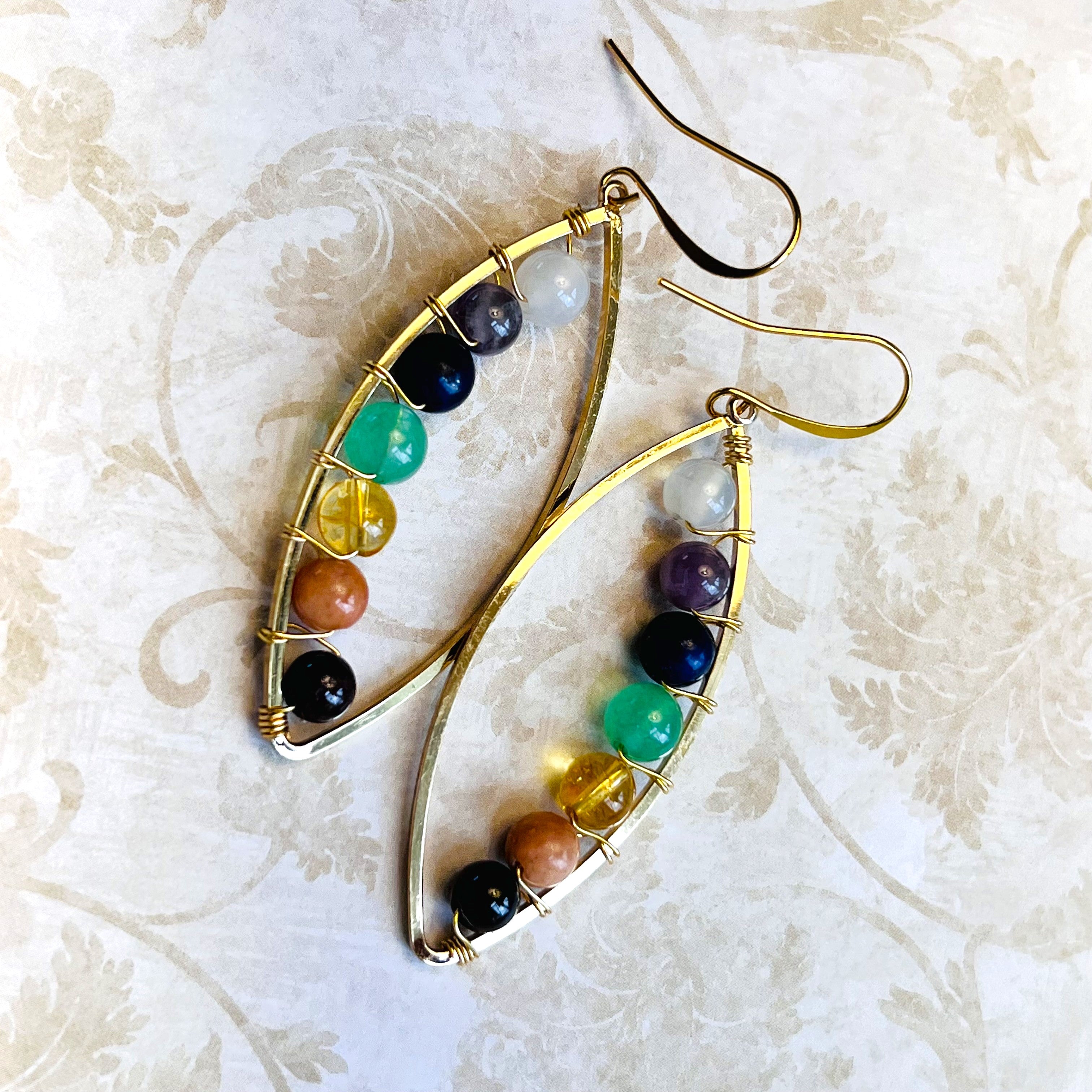 Chakra earrings with gemstone beads White Agate or Clear Quartz, Amethyst, Lapis, Aventurine, Citrine, Carnelian or Sunstone and Garnet