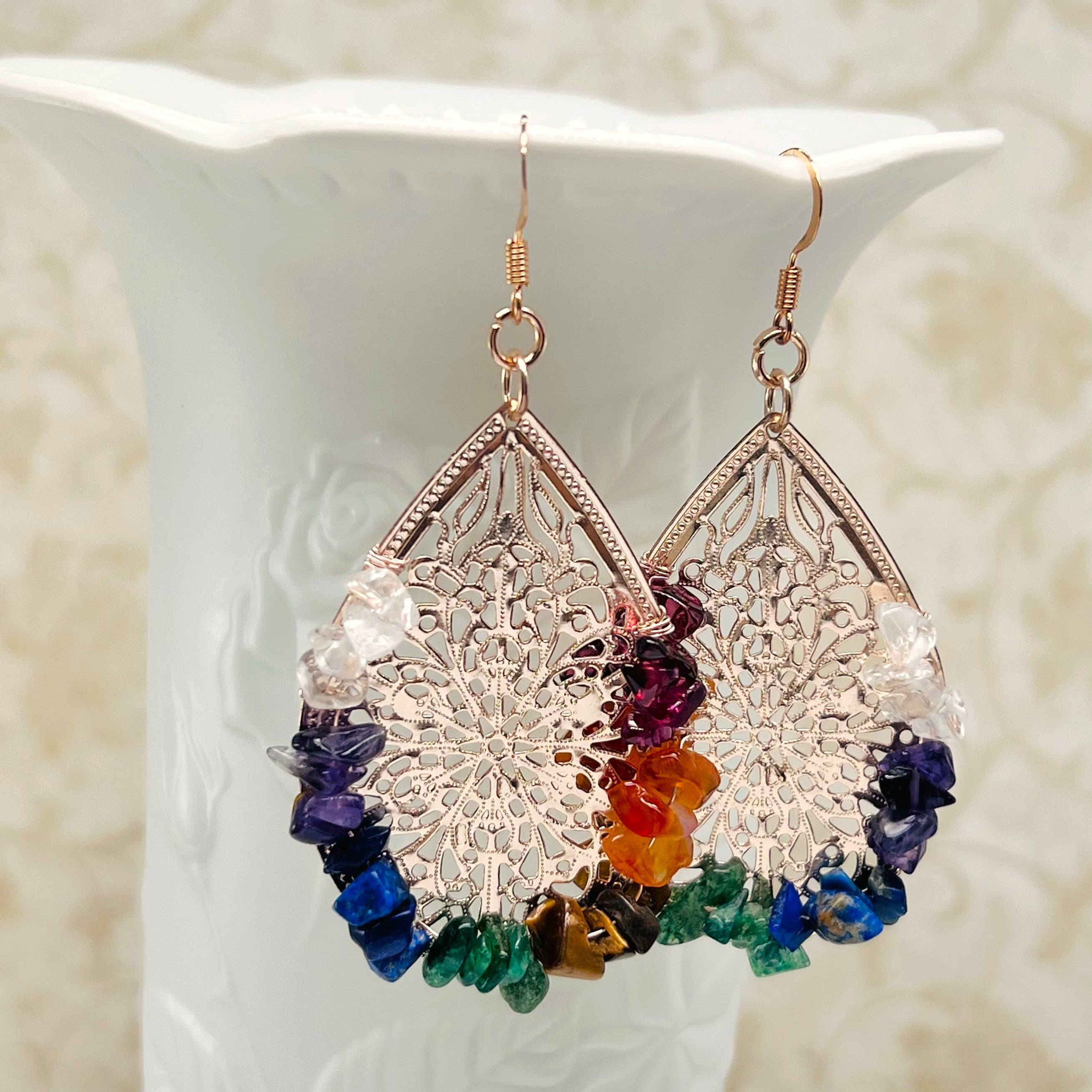 Chakra earrings in rose gold and Clear Quartz, Amethyst, Lapis, Aventurine, Tiger Eye, Carnelian and Garnet gemstone chips