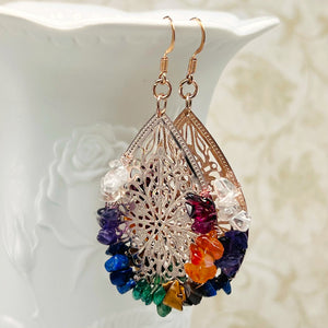 Chakra earrings in rose gold and Clear Quartz, Amethyst, Lapis, Aventurine, Tiger Eye, Carnelian and Garnet gemstone chips