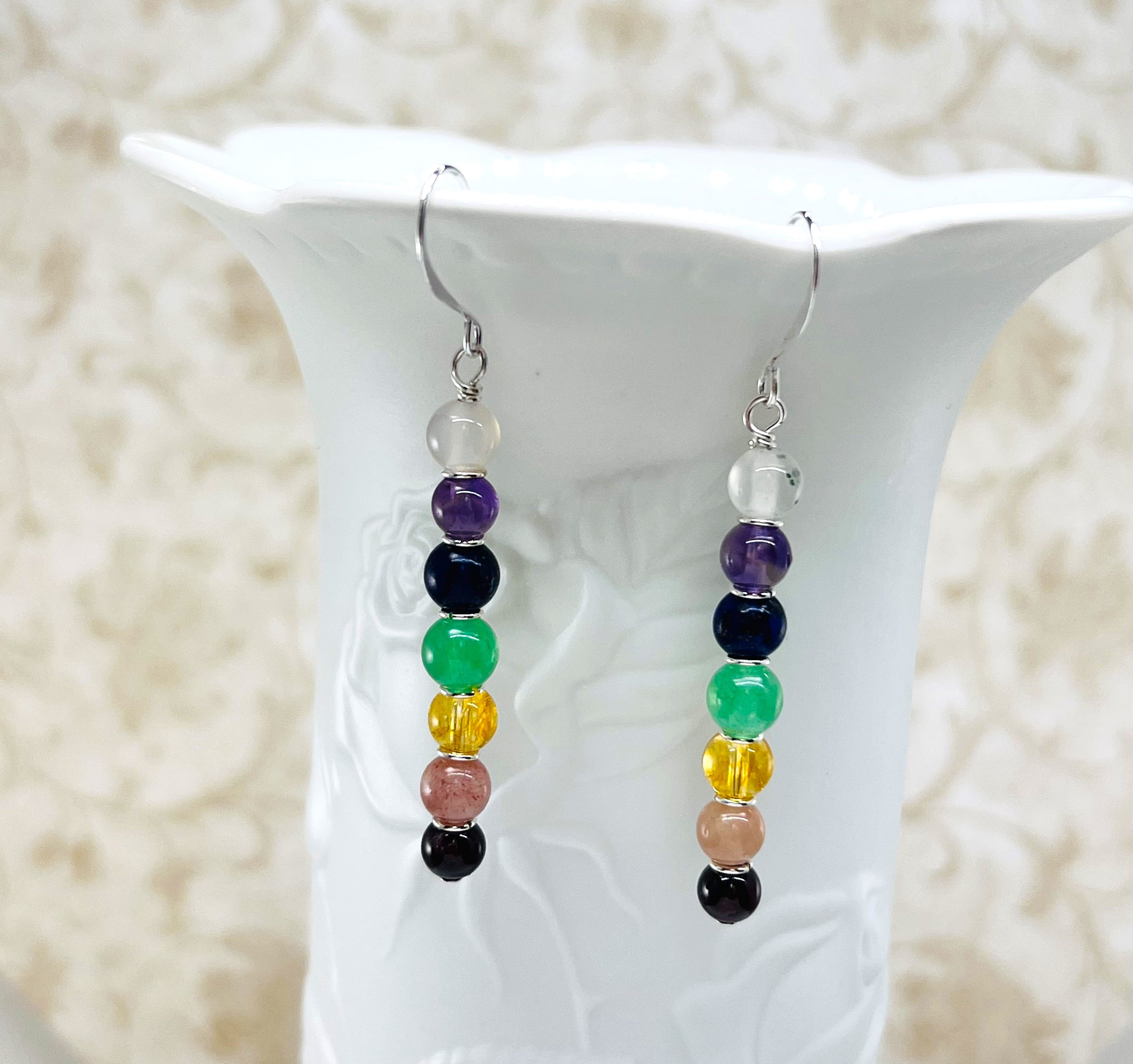 Chakra earrings with White Agate, Amethyst, Lapis, Aventurine, Citrine, Sunstone and Garnet