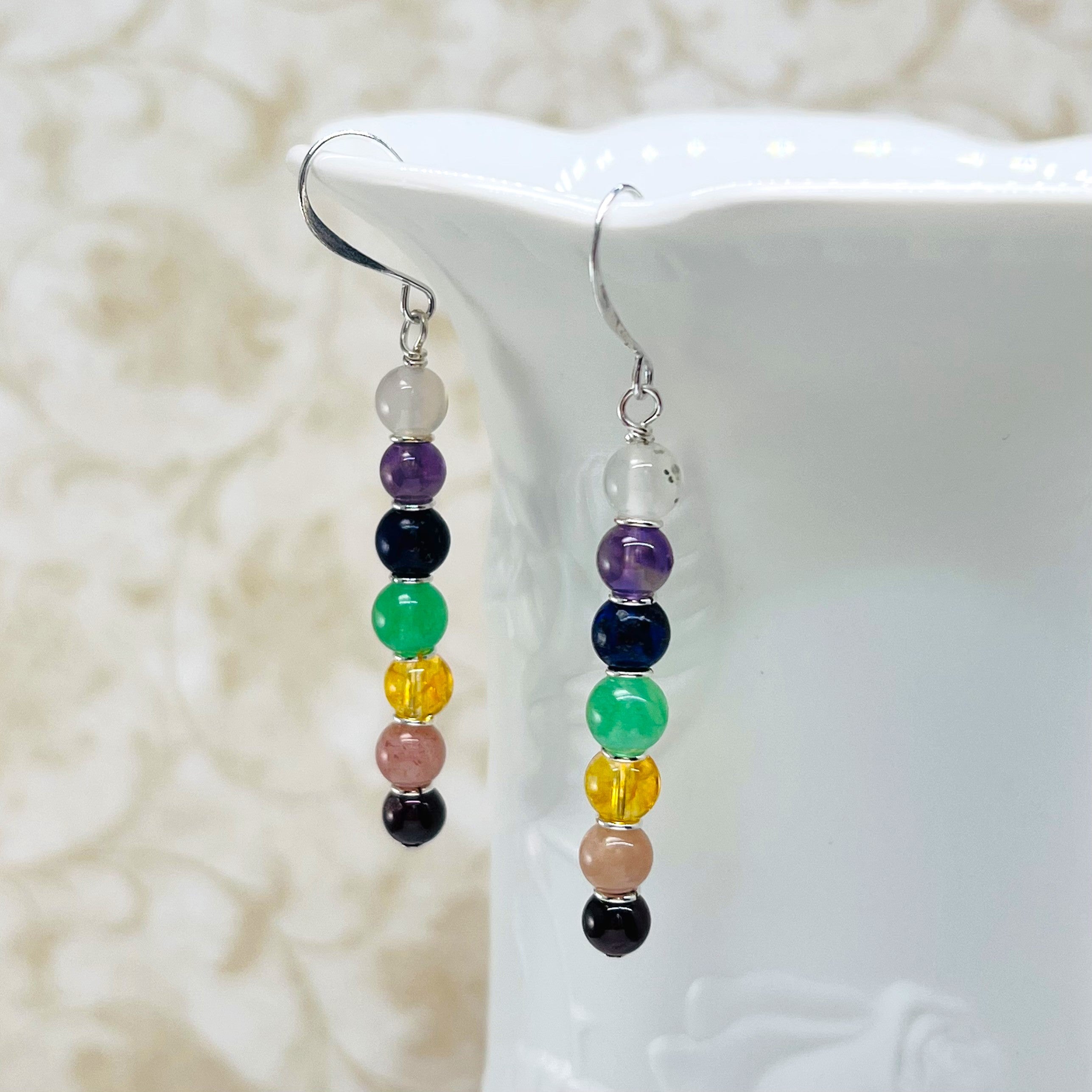 Chakra earrings with White Agate, Amethyst, Lapis, Aventurine, Citrine, Sunstone and Garnet