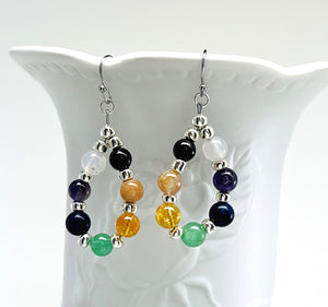 Chakra gemstones and silver necklace and earring set